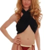 Minimal burgundy thong bottom with yellow-trim band and thin side ties, dries fast after a swim.