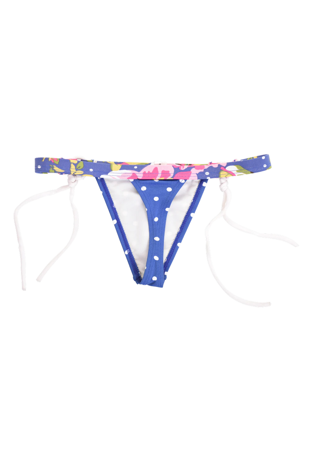 Mixed-print swim thong with a pink-and-yellow floral waistband over a dotted body, low minimal cut with white ties.