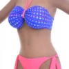 Multicolor polka-dot bandeau bikini set with coral tie-side bottom in smooth quick-drying polyamide.