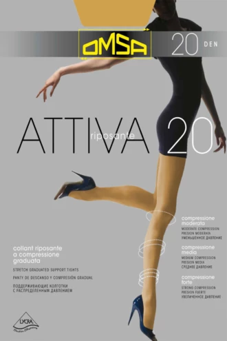 Sheer 20 denier OMSA Attiva support tights in black with light graduated compression for long days on your feet.