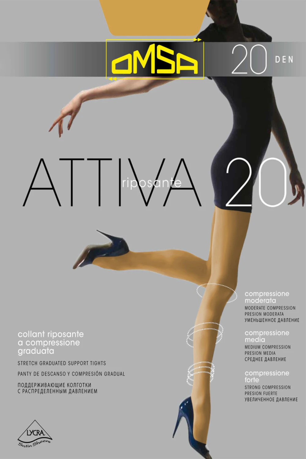 Sheer 20 denier OMSA Attiva support tights in black with light graduated compression for long days on your feet.