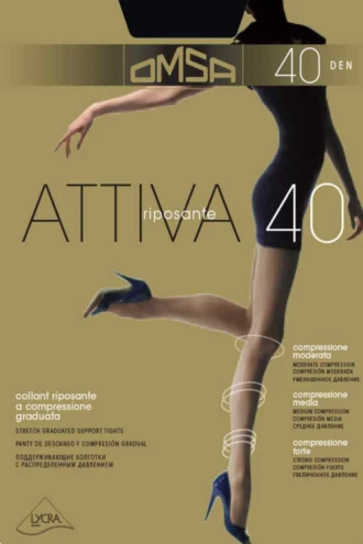 Beige 40 denier OMSA Attiva support tights with graduated compression and a smooth semi-sheer polyamide-elastane finish.