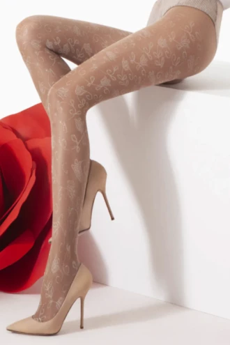 Sheer 20 denier OMSA Fiori tights in beige with an all-over floral pattern worked across the whole leg.