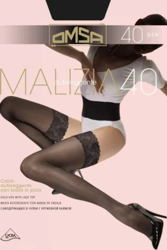 Cappuccino 40 denier OMSA Malizia lace-top hold-up stockings with an 8 cm lace band and self-holding silicone strip.