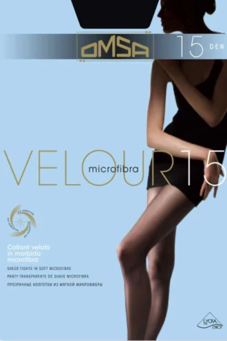 Black 15 denier OMSA Velour microfiber tights with a matte velvet-touch surface and all-way 3D stretch.
