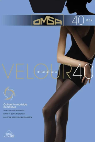 Black 40 denier OMSA Velour microfiber tights with a soft velvet-touch matte finish and all-way 3D stretch.