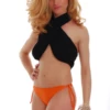 Warm orange thong bottom with slim knot hip ties for an adjustable fit and smooth stretch fabric.