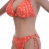 Orange triangle bikini set with Brazilian tie-side bottom in smooth quick-drying polyamide swim fabric.