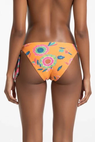 Sunny tropical floral swim bottom on orange, light Italian fabric with adjustable side ties and stretch.