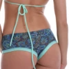 Paisley-print boyshort bikini bottom with fuller hip coverage and a contrast mint-green trim in quick-drying fabric.