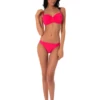 Pink balconette bikini top with molded push-up cups and hook-and-eye back for shape and lift.