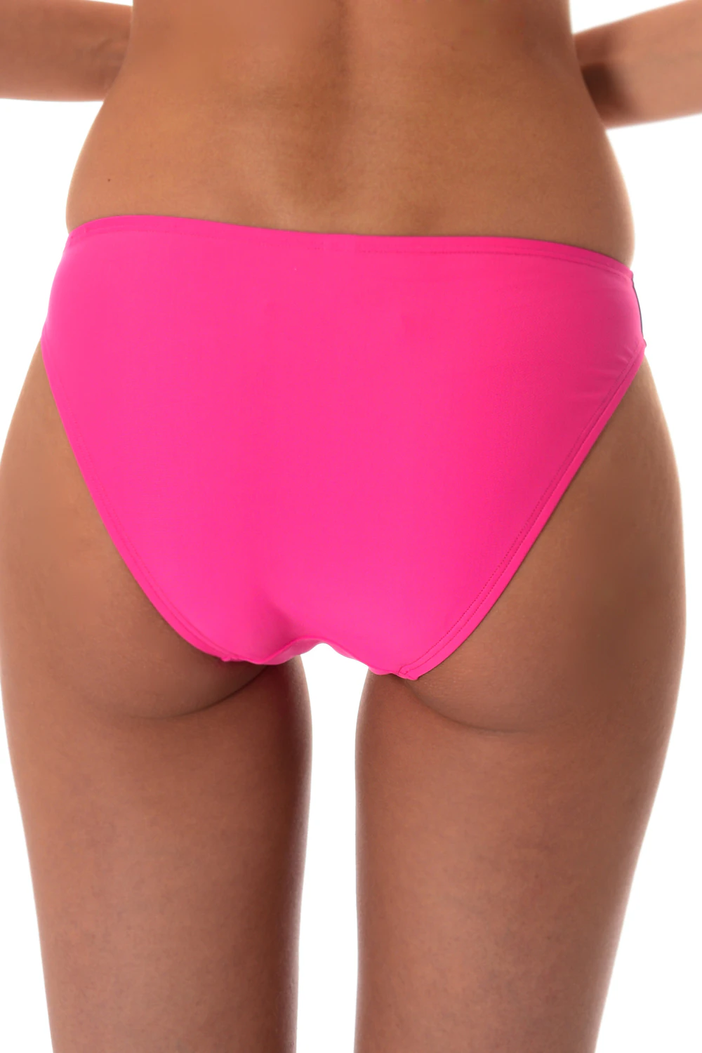 Bright pink cheeky swim bottom in light Italian fabric with hip ties and a playful contrast print band.