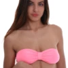 Pink convertible bandeau bikini top in polyamide with a thin halter strap that ties at the neck for support.
