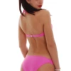 Pink bandeau top with thin halter strap and hook-and-eye back, worn halter or strapless.