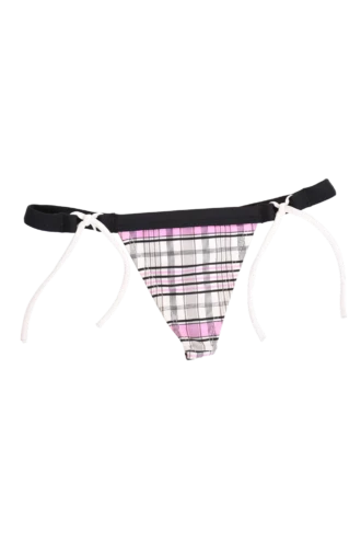 Pink-and-white plaid string tie-side thong with a black waistband and white hip ties in light Italian swim fabric.