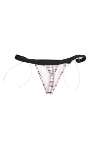 Soft tartan-check swim thong with a low minimal cut and white tie sides, stretchy quick-drying polyamide.