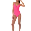 Bold pink triangle-style one-piece swimsuit with adjustable lace-up opening and tie back.