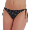 Black-and-white polka-dot tie-side thong bikini bottom with a low front and minimal back, light swim fabric.