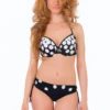 Retro big-dot underwire bikini top with molded cups and hook-and-eye back for support.