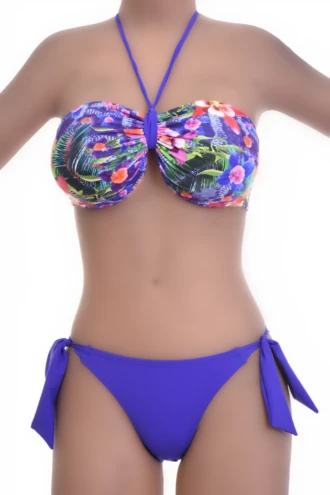 Purple floral-print bandeau bikini set with tie-side bottom in smooth quick-drying polyamide.