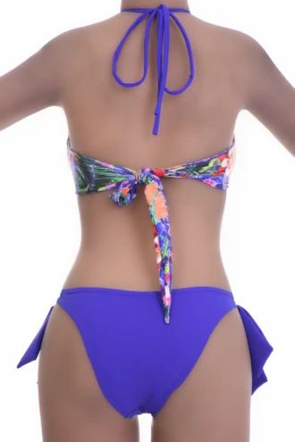 Floral bandeau bikini top worn as halter or strapless with a tie back in rich purple tones.