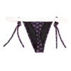 Purple geometric-print string thong bikini bottom with medallion motifs over black and a contrast cream waistband.