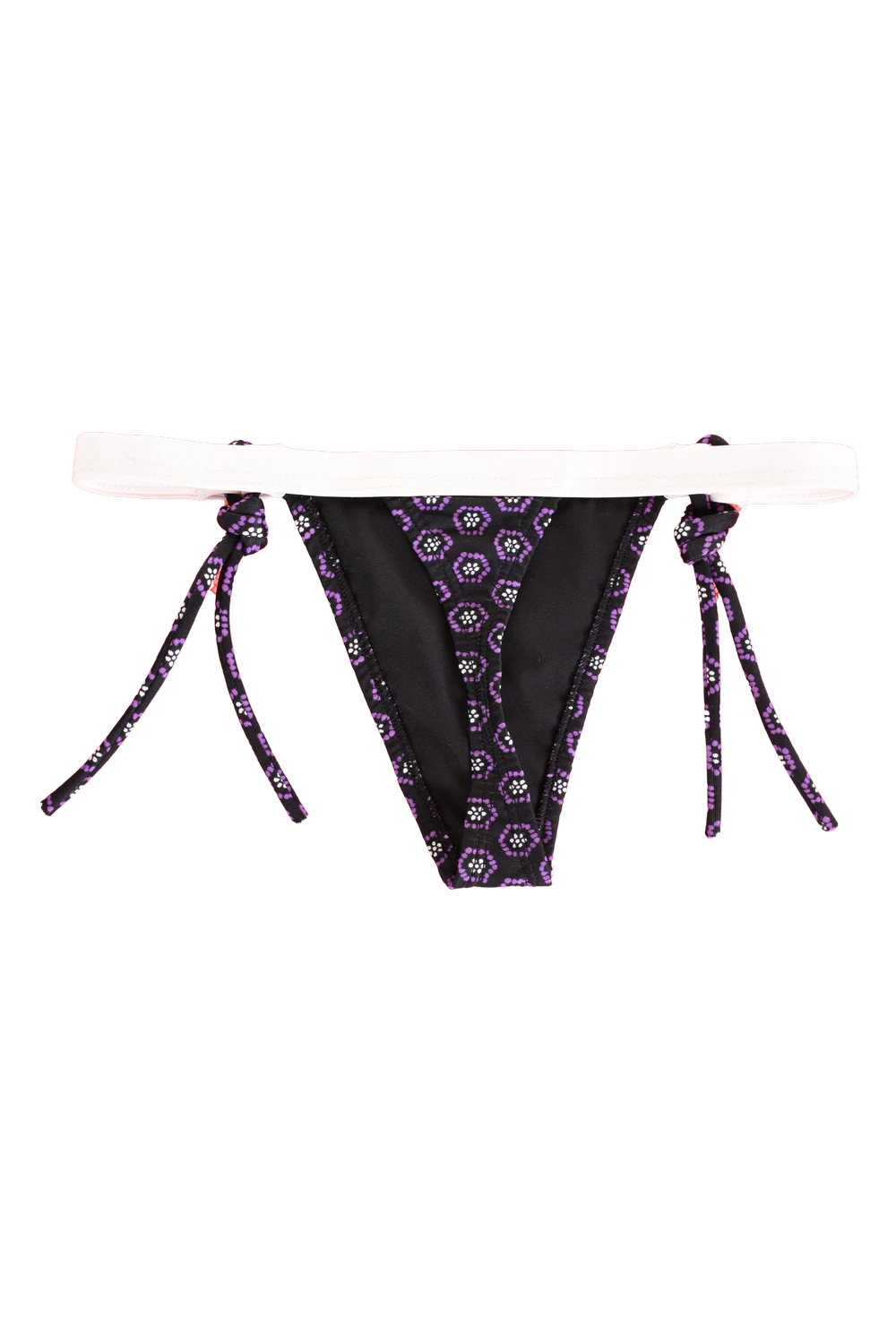 Purple geometric-print string thong bikini bottom with medallion motifs over black and a contrast cream waistband.