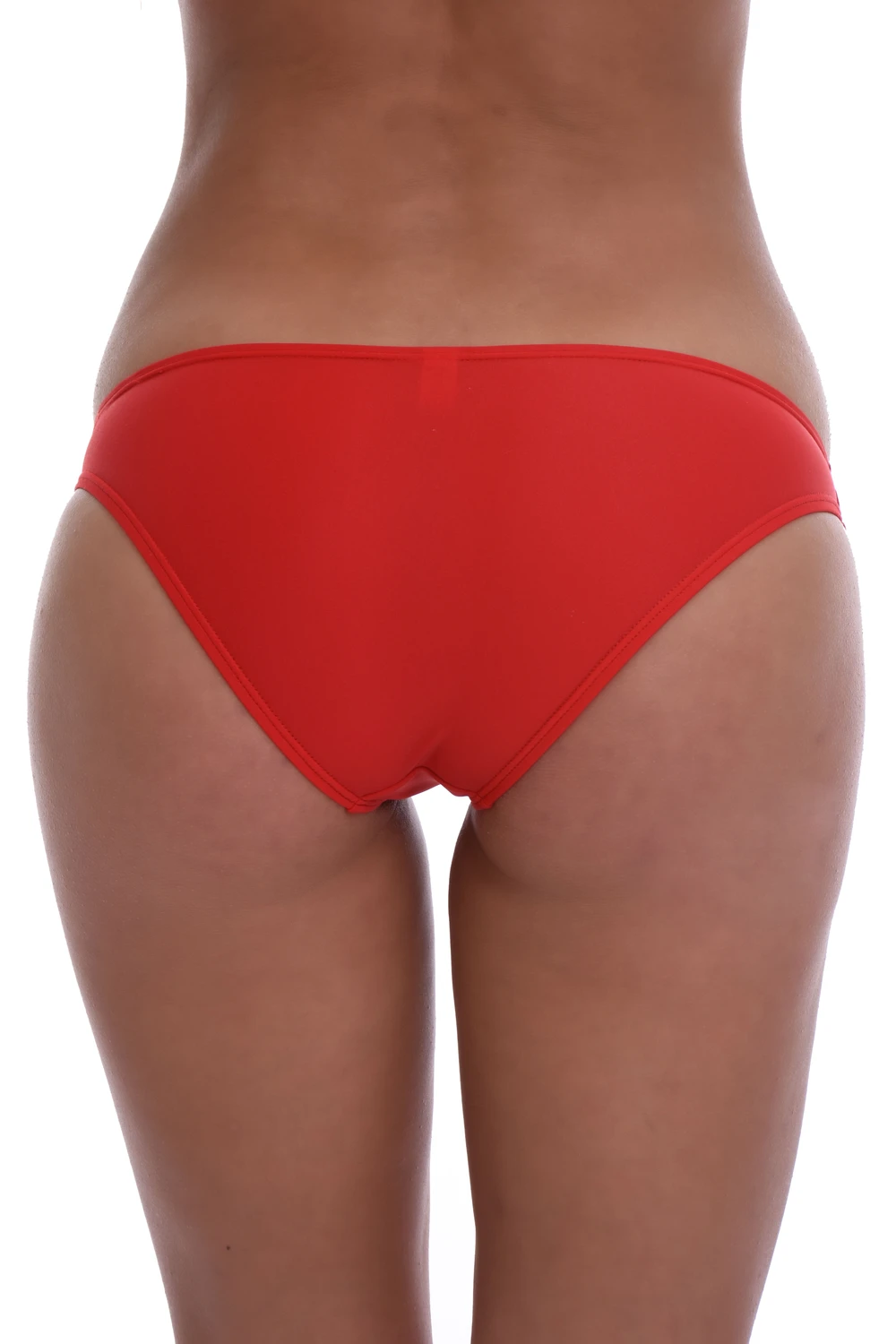 Bold red cheeky bikini bottom in a wide S to 2XL range, smooth stretchy fabric that keeps its color in full sun.