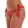 Red-and-gold dashed-print tie-side Brazilian bikini bottom with a V-shaped back and bow ties at each hip.