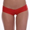 Bright red low-rise boyshort with a short leg and cheeky back, smooth Italian swim fabric with good stretch.
