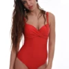 Classic red molded-cup swimsuit with smooth gathered waistline and supportive structured fit.