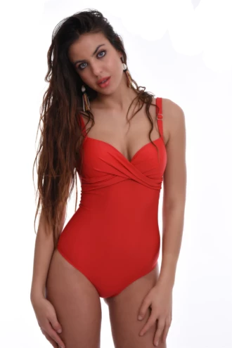 Classic red molded-cup swimsuit with smooth gathered waistline and supportive structured fit.