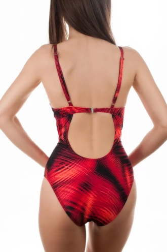 Red-and-black streak-print V-neck one-piece swimsuit with molded cups in quick-drying polyamide.