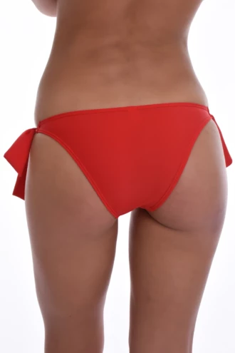 Classic red swim bottom with wide bows knotting at each hip, offered in sizes S to 2XL, stretchy and quick to dry.