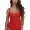 Red twist-front one-piece swimsuit with molded cups and ruched midriff in quick-drying polyamide.