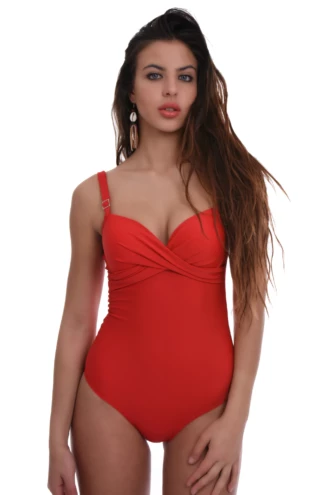Red twist-front one-piece swimsuit with molded cups and ruched midriff in quick-drying polyamide.