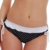 Retro polka-dot print bikini bottom with a white contrast waistband, light quick-drying fabric for sunny beach days.