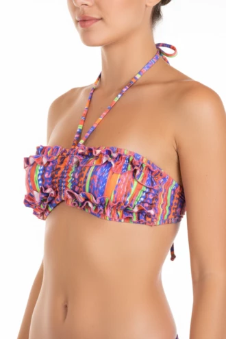 Bandeau bikini top in polyamide with a row of ruffles along the band and a tie back, quick-drying and playful.
