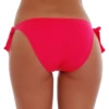 Warm pink-orange coral swim bottom with adjustable bow side ties and cheeky back, quick-drying close fit.