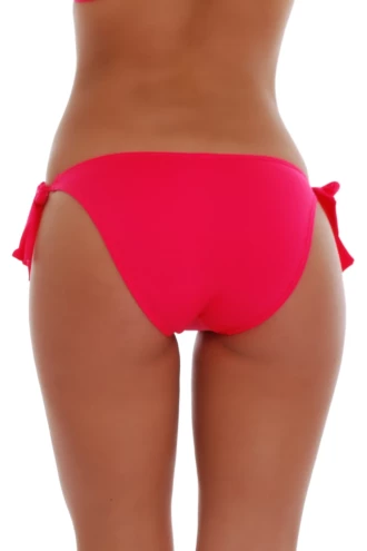 Warm pink-orange coral swim bottom with adjustable bow side ties and cheeky back, quick-drying close fit.