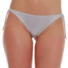 Silver-gray tie-side thong bikini bottom pairing a low front with a minimal back and a soft satiny sheen.