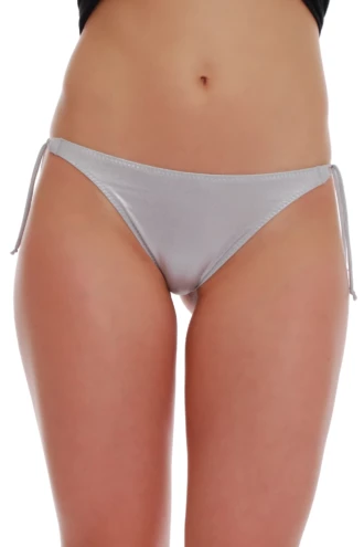 Silver-gray tie-side thong bikini bottom pairing a low front with a minimal back and a soft satiny sheen.