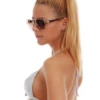 Metallic silver triangle bikini top with light molded cups and a small bow finishing the center for shine.