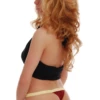 Sporty burgundy string thong with a contrast yellow waistband, light and smooth swim fabric.