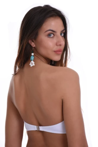 Strapless bandeau bikini top in white with a soft center gather and secure hook-and-eye back band closure.