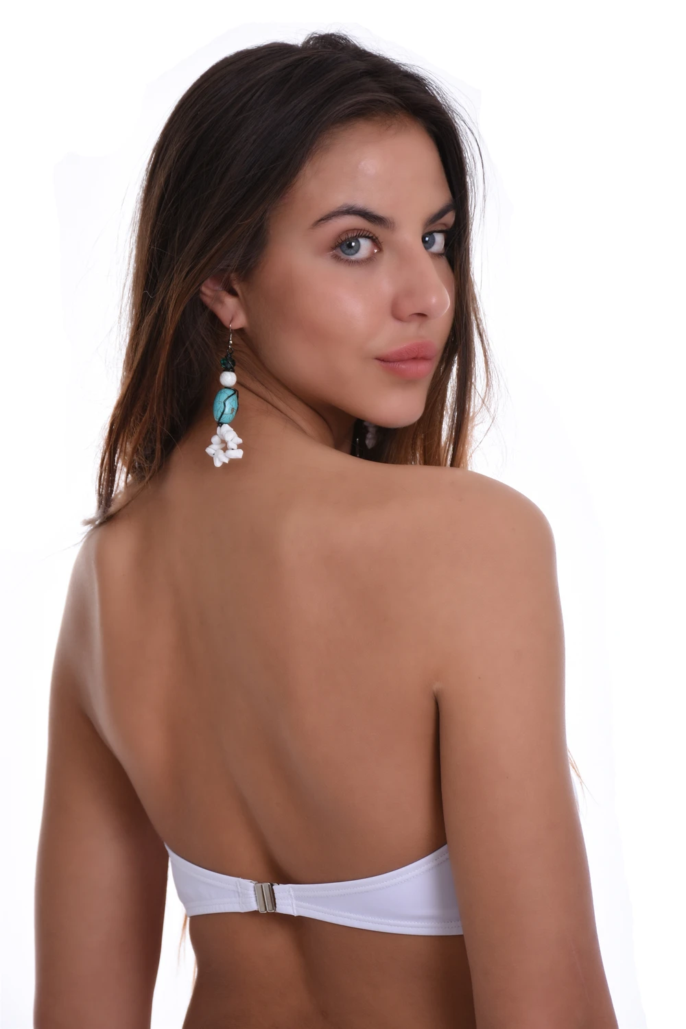 Strapless bandeau bikini top in white with a soft center gather and secure hook-and-eye back band closure.