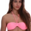 Strapless bandeau bikini top in soft pink with a gentle center gather and a secure hook-and-eye back closure.