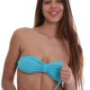 Strapless bandeau bikini top in turquoise with a soft center gather and a secure hook-and-eye back closure.