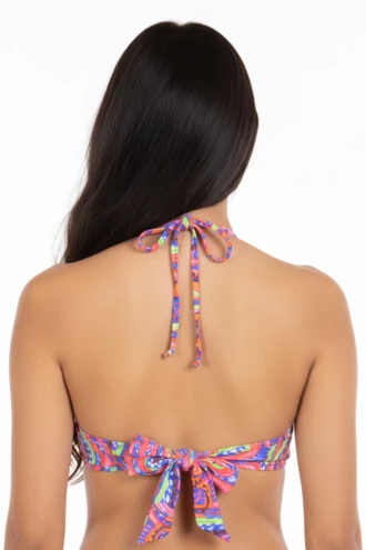 Striped ruffle bandeau bikini top with a slim halter cord that ties behind the neck and light unpadded cups.
