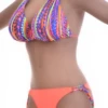 Striped triangle bikini set with solid coral tie-side bottom in smooth quick-drying polyamide.